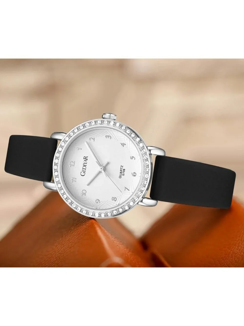 Womens Black White Analog Quartz Crystal Rhinestone Bezel Waterproof Wrist Watch